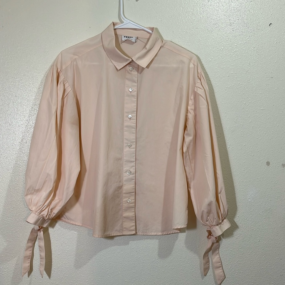 Frame Denim Pale Pink Button-Down Tie-Sleeve Blouse